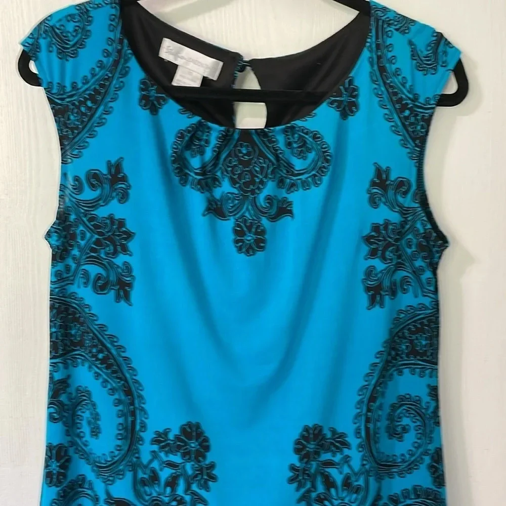 Studio by London Times blue and black patterned midi dress keyhole back size 10